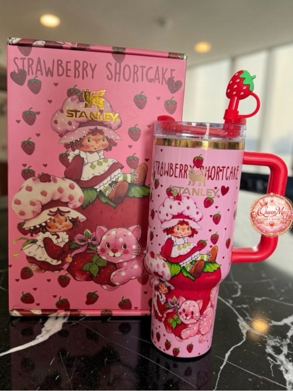 Stanley Red Pattern Strawberry Shortcake Tumbler with Red Handle